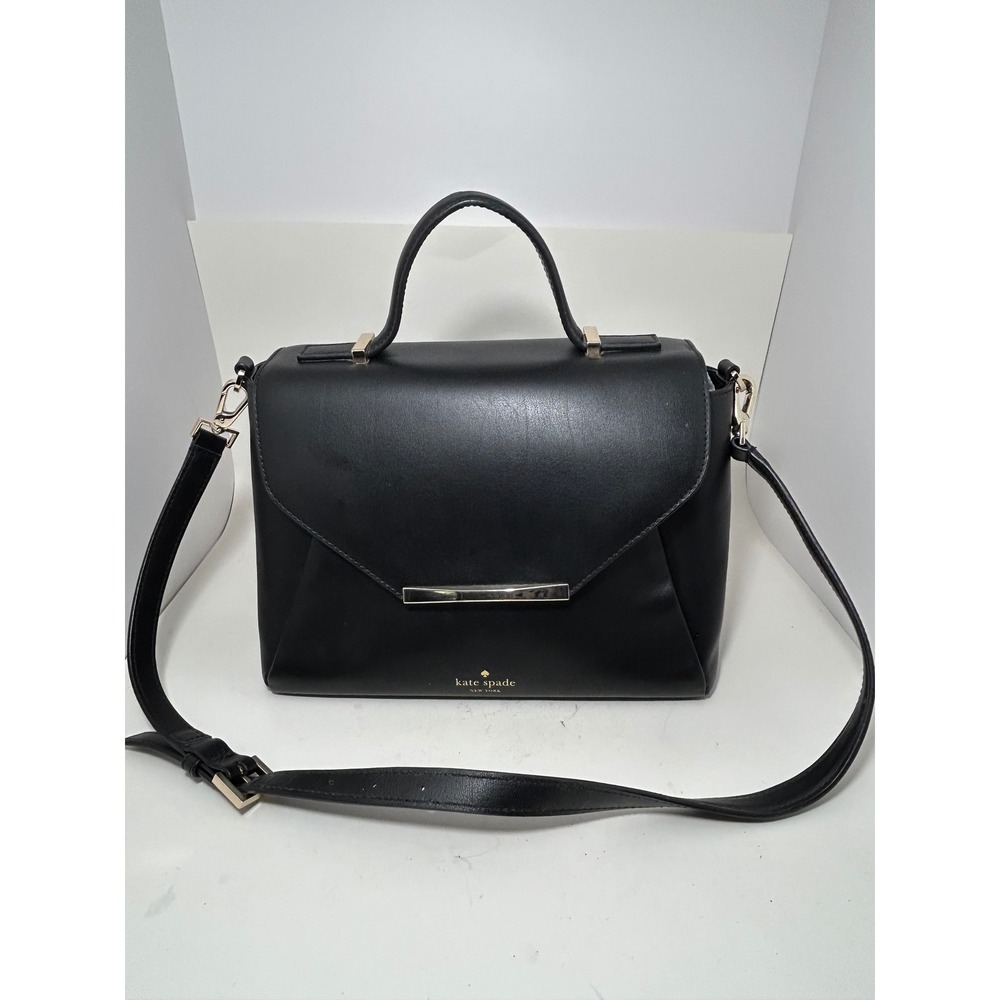 Kate Spade New York Black Leather Satchel Crossbody Bag WKRU3616‎ Gold Hardware